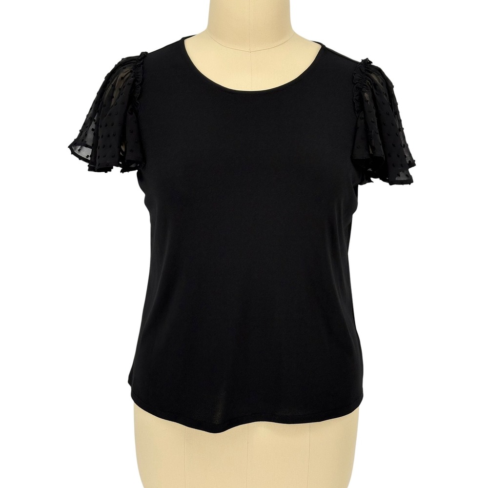 Adrianna Papell Flutter Sleeve Top Black Swiss Dot Ruffle Knit XL